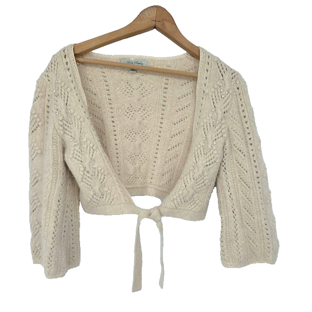 Vintage Beth Bowley Women's Cardigan Y2K Crop Shrug Sweater Beige Small Angora